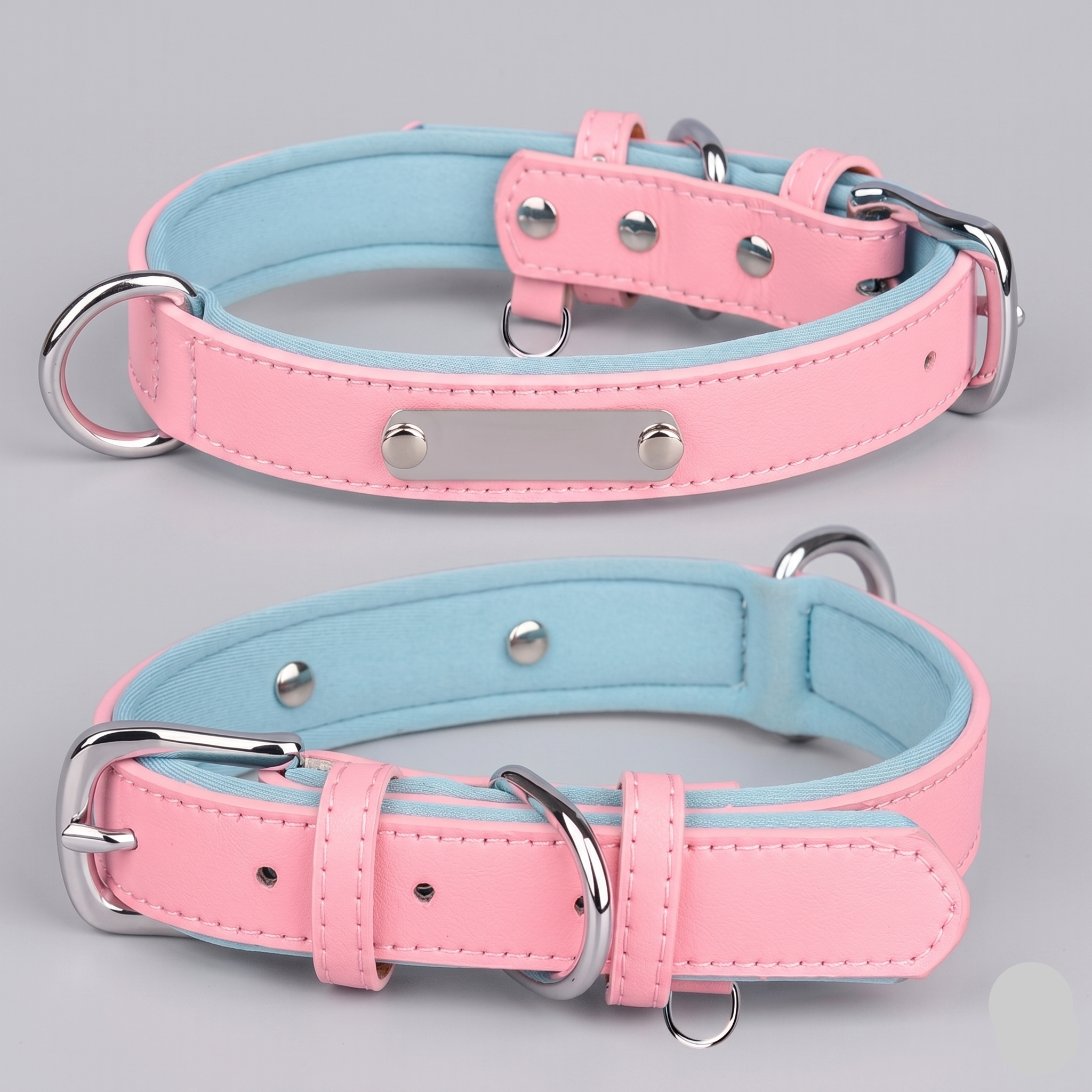 Dual D-Ring PU Leather Dog Collar with Nameplate